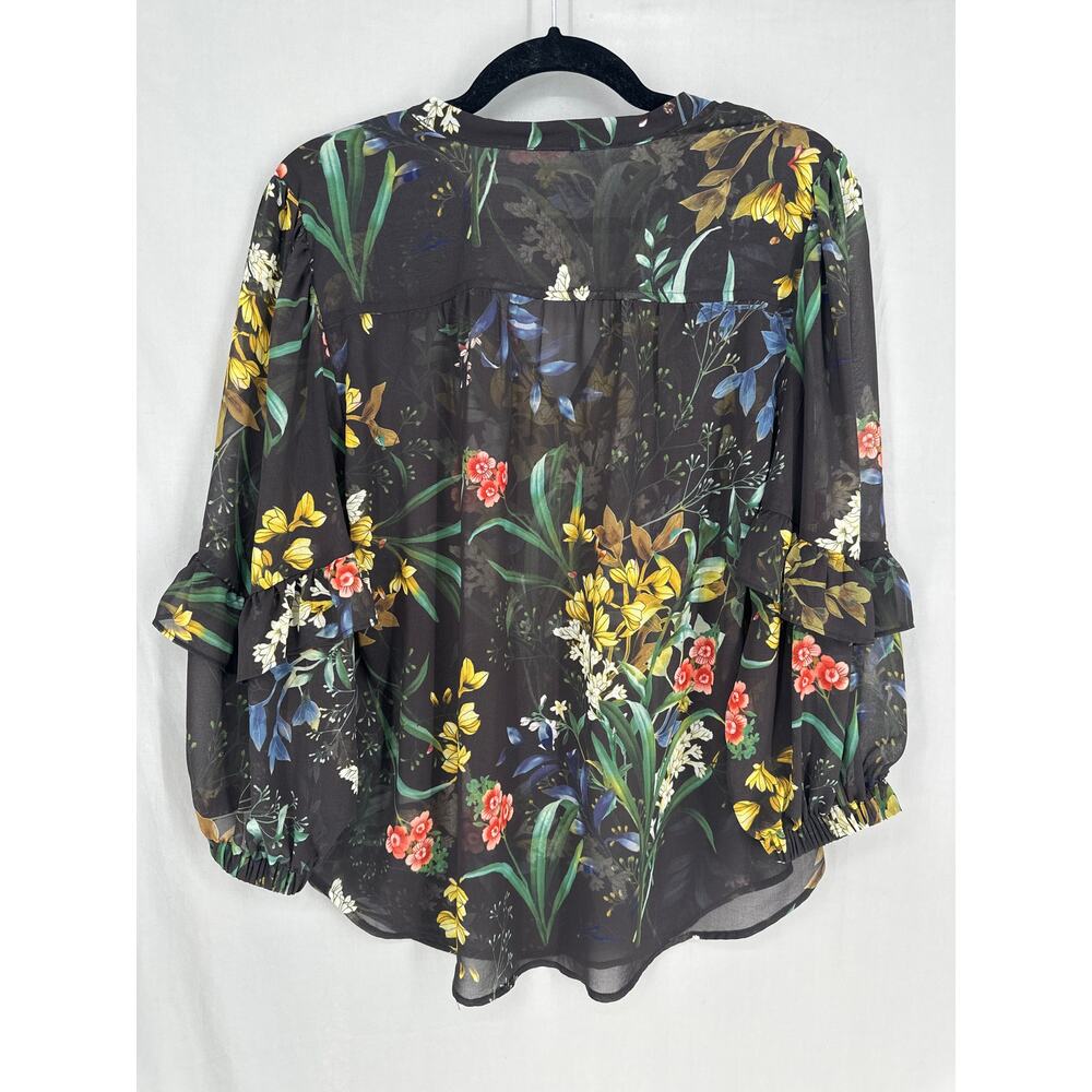 Chicos Top Womens Medium 1 Black Floral Sheer Ruffle Colorful Boho Bohemian - Picture 3 of 7